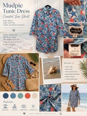 Sz Small Mudpie Tunic Dress 100% Cotton Three-Quarter Sleeves Coastal Sea Shell